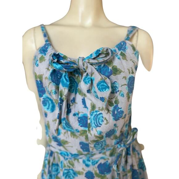 Vintage 1950s Blue Floral Party Day Summer Pinup Flowers Wrap Dress Small Medium - Picture 2 of 7